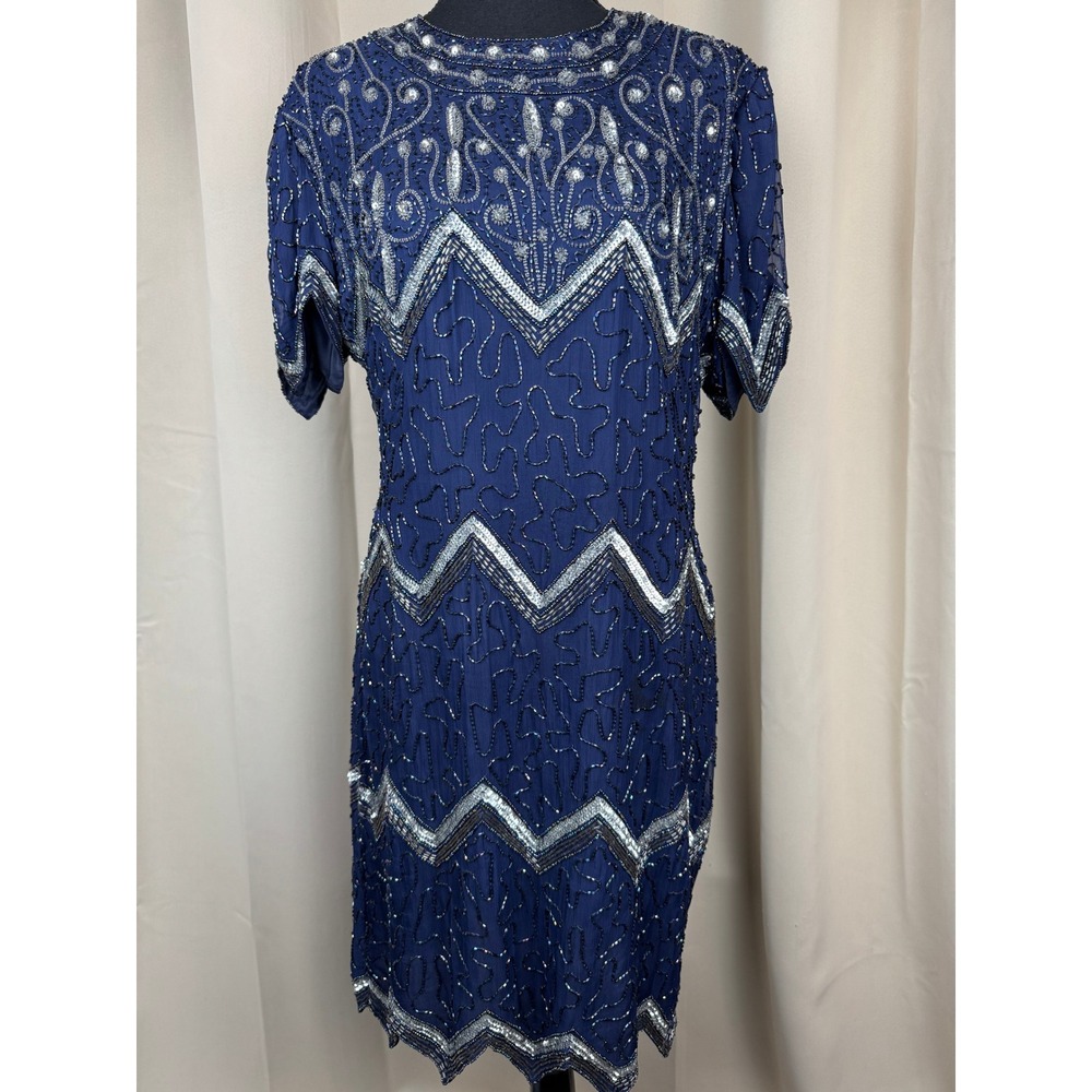 Vintage 80s Laurence Kazar New York Silk Beaded Dress Blue Art Deco Midi PL